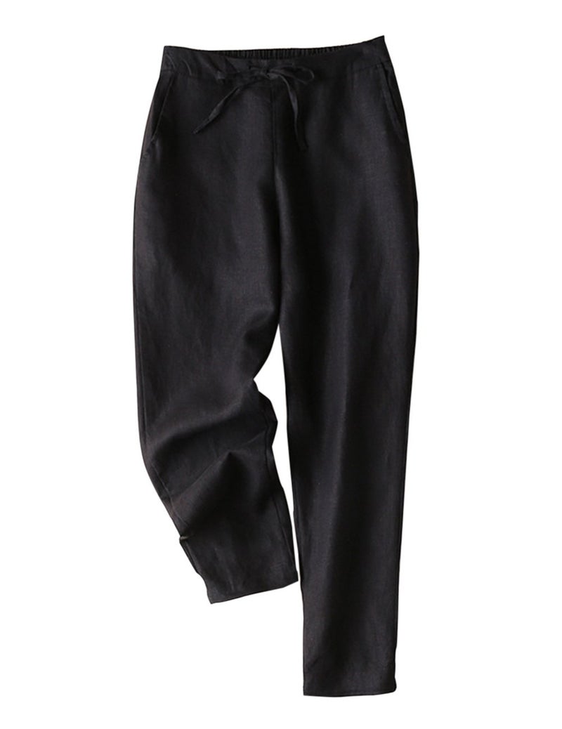 IXIMO Women's Tapered Pants 100% Linen Drawstring Back Elastic Waist Pants Trousers with Pockets Black S - Image 1